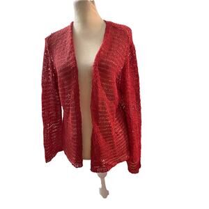 Eileen Fisher Red  Open Knit Cardigan Lightweight Long Sleeve Layering Sweater